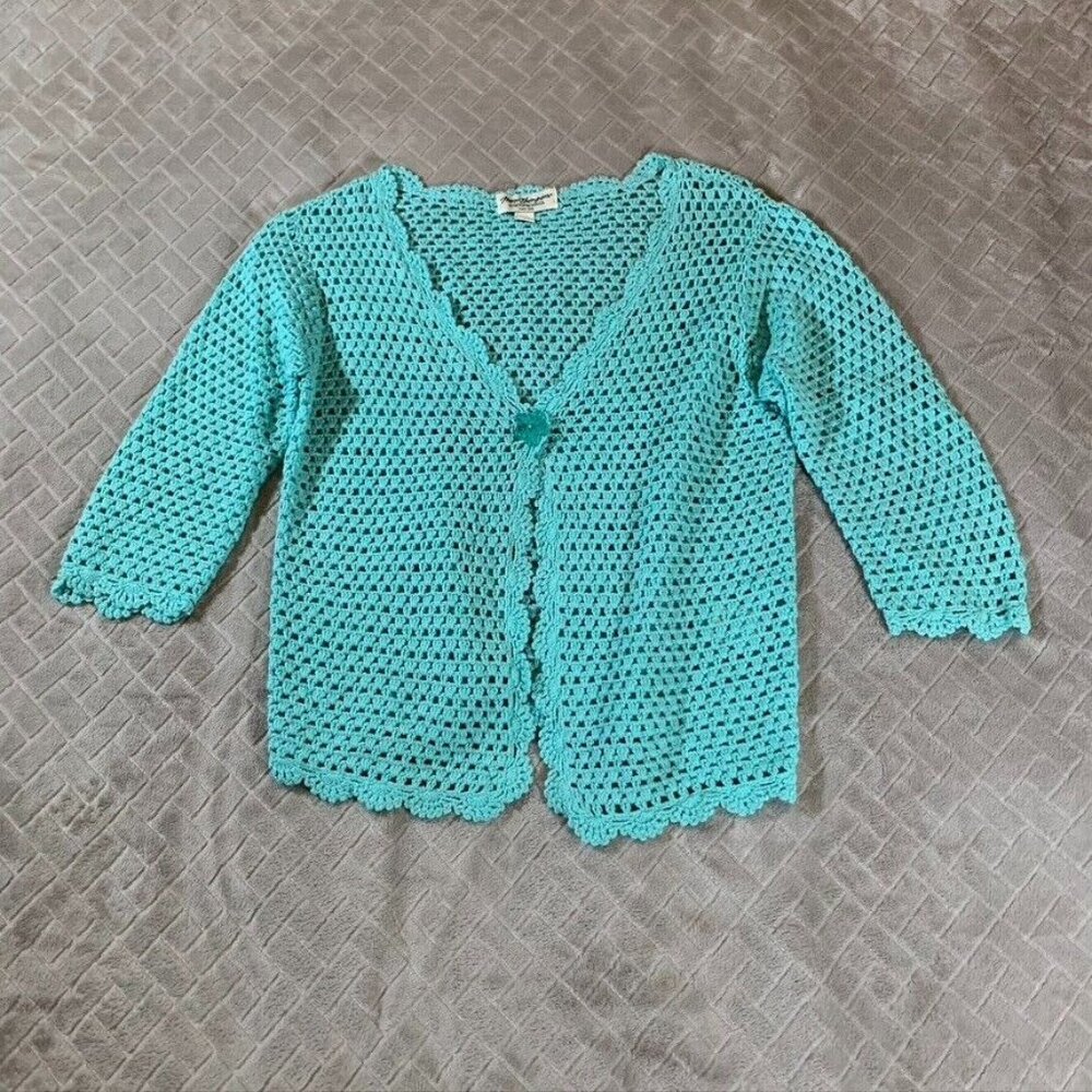Norm Thompson Women Small Cardigan Sweater Turquoise Blue Linen Blend 3/4 Sleeve